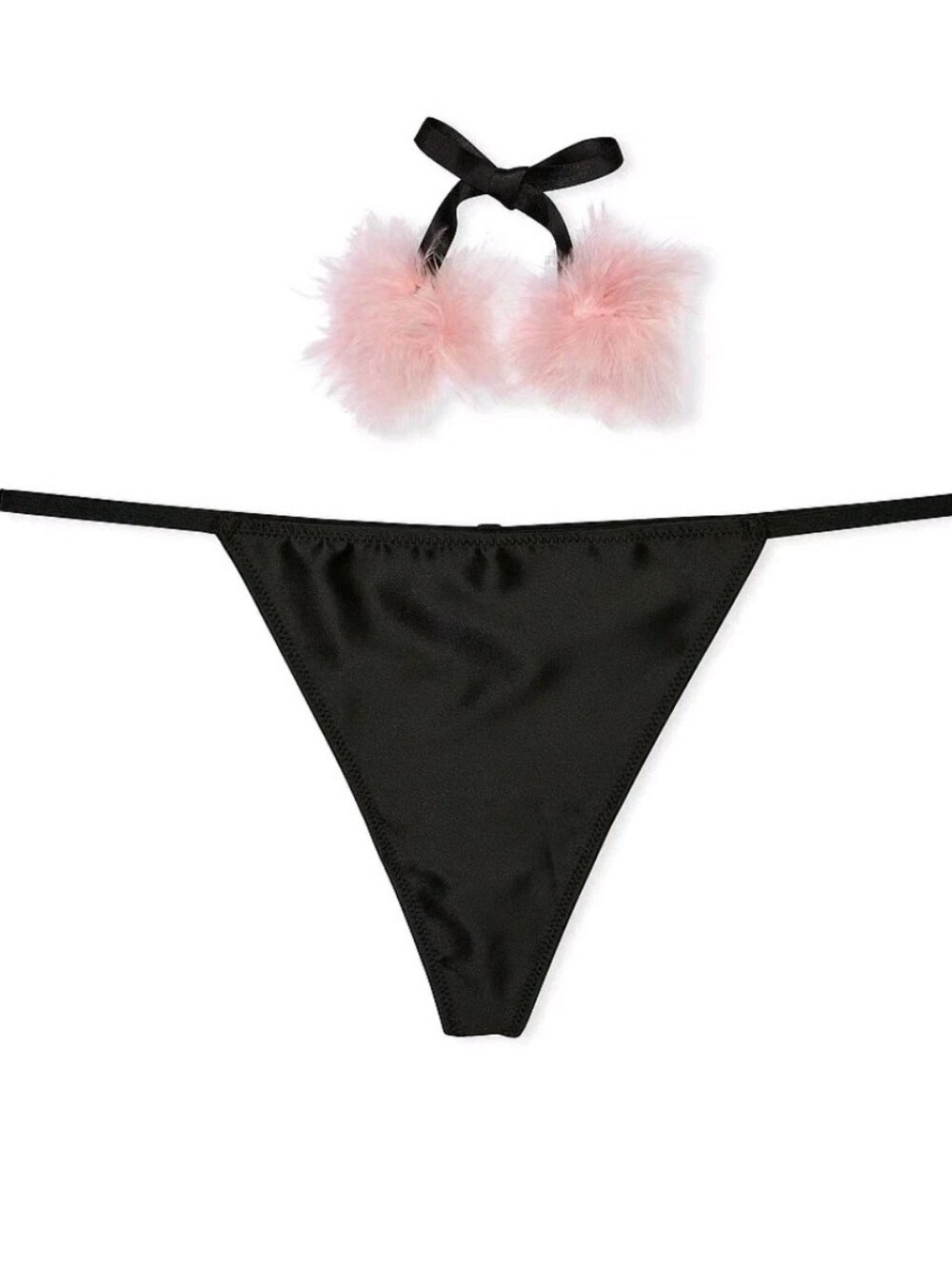 Victoria's Secret Dream Angels Satin Pom Pom V-String Panty XLARGE BLACK